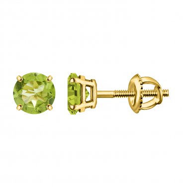 Round Green Peridot Sterling SIlver 925 Earrings Studs in Yellow Gold Plated for Women