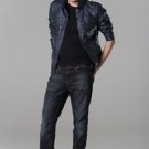 POLAR WHITES MENS COLLARLESS NAVY FAUX J1 LEATHER BIKER JACKET