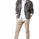 MENS GREY FAUX LEATHER HARRINGTON BOMBER JACKET