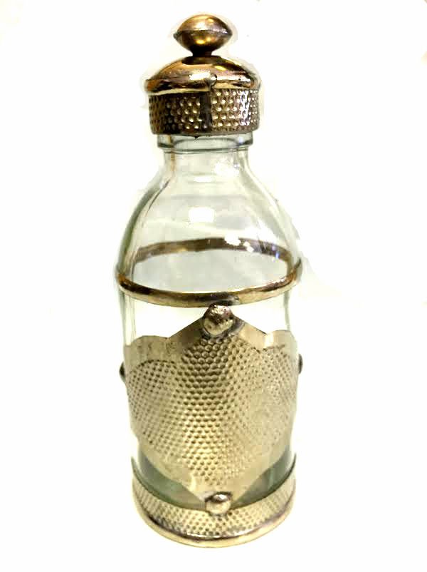 Moroccan Silver Metalwork Decorated Clear Glass Bottle & Cap 8 Oz. Oil Perfume