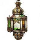Moroccan Hanging Pendant Lantern Carved Brass Finish Stained Glass Lamp