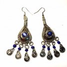 Vintage Moroccan Berber Queen Tribal Metalwork & Blue Stone Pendant Earrings