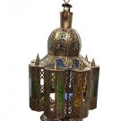 Moroccan Hanging Pendant Lantern Carved Brass Finish & Glass Tin Lamp Fixture