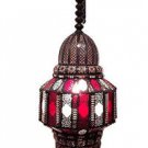 Moroccan Hanging Pendant Lantern Carved Bronze Lamp Red Stained & Frosted Glass