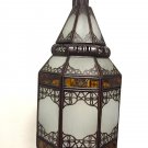 Moroccan Hanging Pendant Lantern Carved Bronze Frosted & Amber Glass Lamp