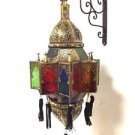 Moroccan Hanging Pendant Lantern Carved Brass Finish Frosted Stained Glass Lamp