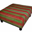 Moroccan Handwoven Kilim Wool Square Ottoman Chair Pouf Green & Red Stripes