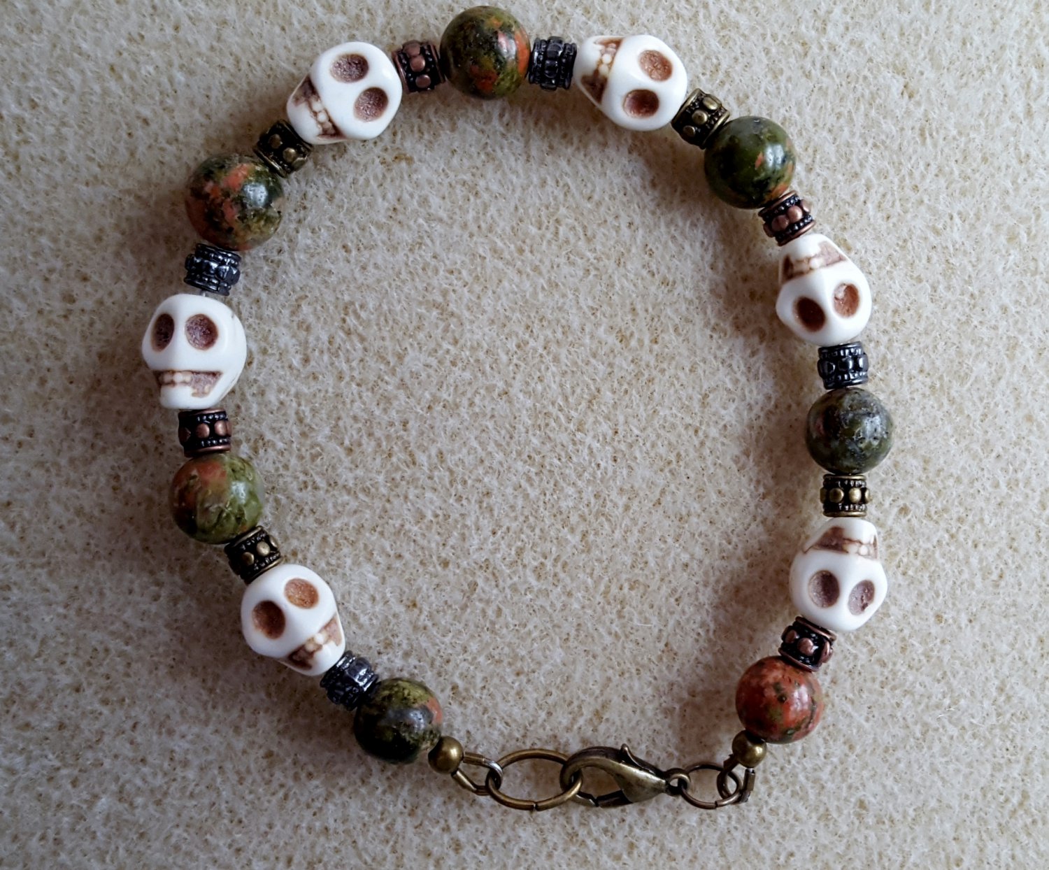 Unakite and Skulls Bracelet