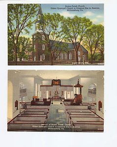 2 VINTAGE UNUSED POSTCARDS Curteich Colortone WILLIAMSBURG VA Bruton Church
