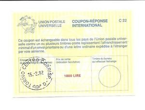 ITALY International reply Coupon IRC UPU 1800 Lire 1992 C22