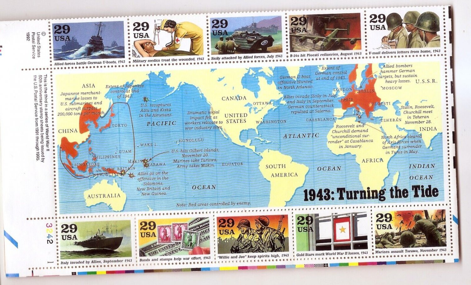 UNITED STATES USA World War II 1943 Sheetlet of 10 Scott 2765 MNH