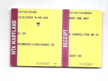 MARYLAND MARC Commuter Rail Train Ticket + Receipt - NEW CAROLLTON MD USED 2024