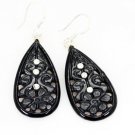 Riyo Black Onyx Real Silver Jewellery Spring Hoop Earrings L 2.5in Sebon-6018