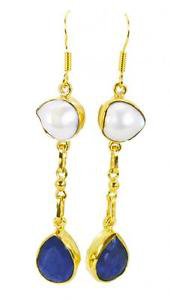 Riyogems Pearl Indi Sapphire Gold Plated Set Victorian Earrings L 1.5in Gpemul-5