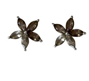 Riyo Brown Smoky Quartz 925 Solid Sterling Silver Hammered Earring L 0.8in Sesqu