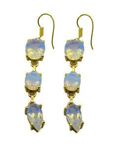 Riyogems White Fire Opal Cz Copper 18kt Gold Plated Intricate Earring L 2.5in Gp