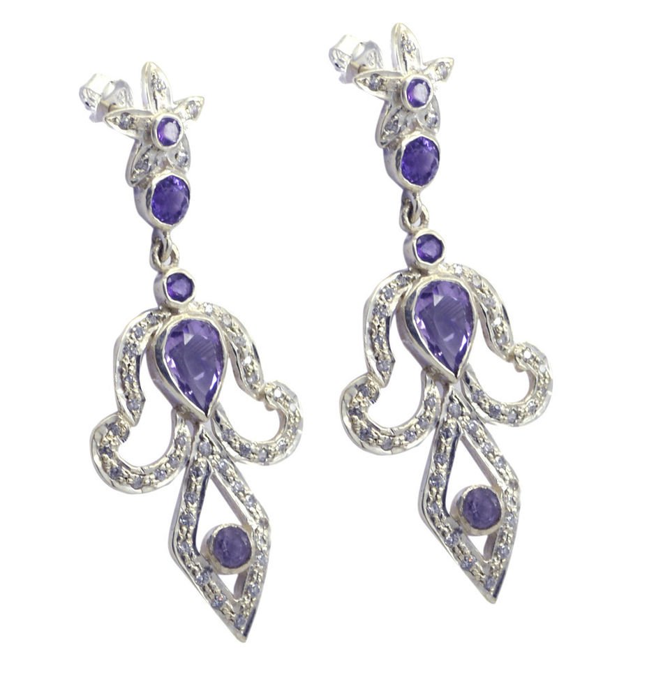 Riyo Purple Amethyst 925 Solid Sterling Silver Fine Earring L 2.5in Seame-2114
