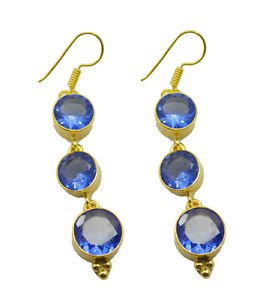Riyogems A Blue Sapphire Cz Copper 18kt Gold Plated Wrapped Earring L 2.5in Gpeb