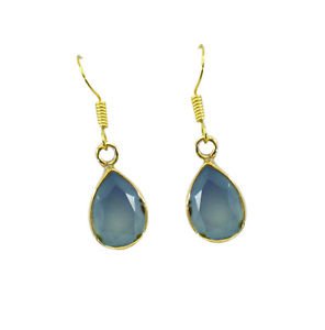 Riyogems Blue Aqua Chalcedony Copper 18kt Gold Plated Tapered Earring L 1.5in Gp