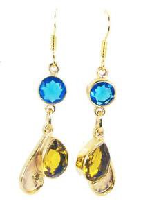 Riyogems Blue Topaz Citrine Cz 18 Kt Y.G. Plated Antique Earrings L 1.5in Gpemul