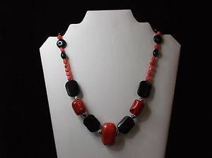 Beautiful Handmade chunky Black Agate and Red Coral necklace