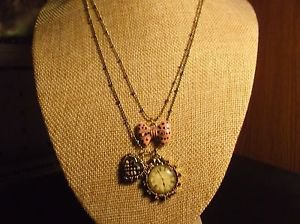 Beautiful Multi Charm Brasstone Clock Necklace 18-20 Inch NWOT