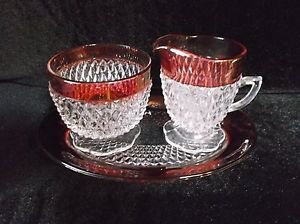 Indiana Diamond Point Kings Crown Cranberry Flash Sugar & Creamer with Tray EVC