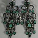 Green Opal & Aurora Borealis Crystal Black Jappaned Chandelier Earrings 4 1/2"