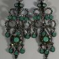 Green Opal & Aurora Borealis Crystal Black Jappaned Chandelier Earrings 4 1/2"