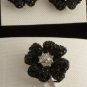 Pave Black & Clear Crystal Flower Pin Brooch Pendant Earrings Set