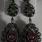 Japanned Black Enameled Pink Blue Green Crystal Pierced Earrings 3 1/2"