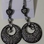 2 3/4" Black Enamel & Clear Crystal Mourning Heart Japanned Pierced Earrings