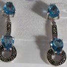1 3/8" Sterling Silver Marcasite Blue Topaz Pierced Earrings