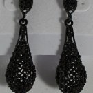 2"  Black Enamel & Crystal Mourning Japanned Chandelier Pierced Earrings