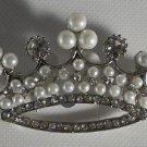 2" wide Silver Plate Clear Crystal & Pearl Crown Pin Brooch