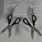 Black Enamel with Pave Clear Crystal Scisscors Pierced Earrings 2"
