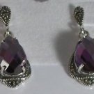 Sterling Silver 925 Marcasite Great Cut Amethyst Pierced Earrings 1" long