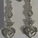 Clear Crystal Heart Crown Bow Pierced Silver Plated Pierced Earrings 2 3/4"
