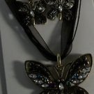 Black With Aurora Borealis Crystal Butterfly Gold Plated Necklace Earrings Set