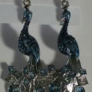 Unusual Blue Enamel with Blue Crystal Silver Peacock Pierced Earrings 3 1/4"