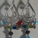 3 1/2" Blue Red Purple Silver Plated Chandelier Pierced Earrings