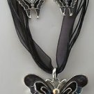 Silver Plated Black Enamel & AB Crystal Butterfly Necklace Pierced Earrings Set