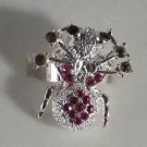 Silver Plated Pink Black Hematite Crystal Spider Ring Size 7 1/2 - 8 Adjustable