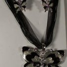 Black Enamel with Crystal Butterfly Necklace Earrings Matching Set