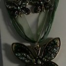Light and Dark Green Crystal Gold Plate Butterfly Necklace Pierced Earrings Set