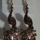 Unusual Purple Enamel Purple Crystal Gold Plated Peacock Pierced Earrings 3 1/4"