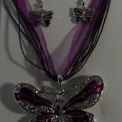 Purple Enamel & Crystal Silver Plate Butterfly Necklace Earrings Set
