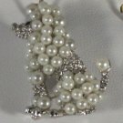White Pearl Clear Crystal Silver Plated Sitting Poodle Dog Pin Brooch