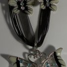 Black White Enamel Butterfly Heart Necklace Earrings