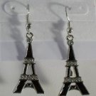 Silver Plated Black Enamel Clear Crystal Eiffel Tower Pierced Earrings